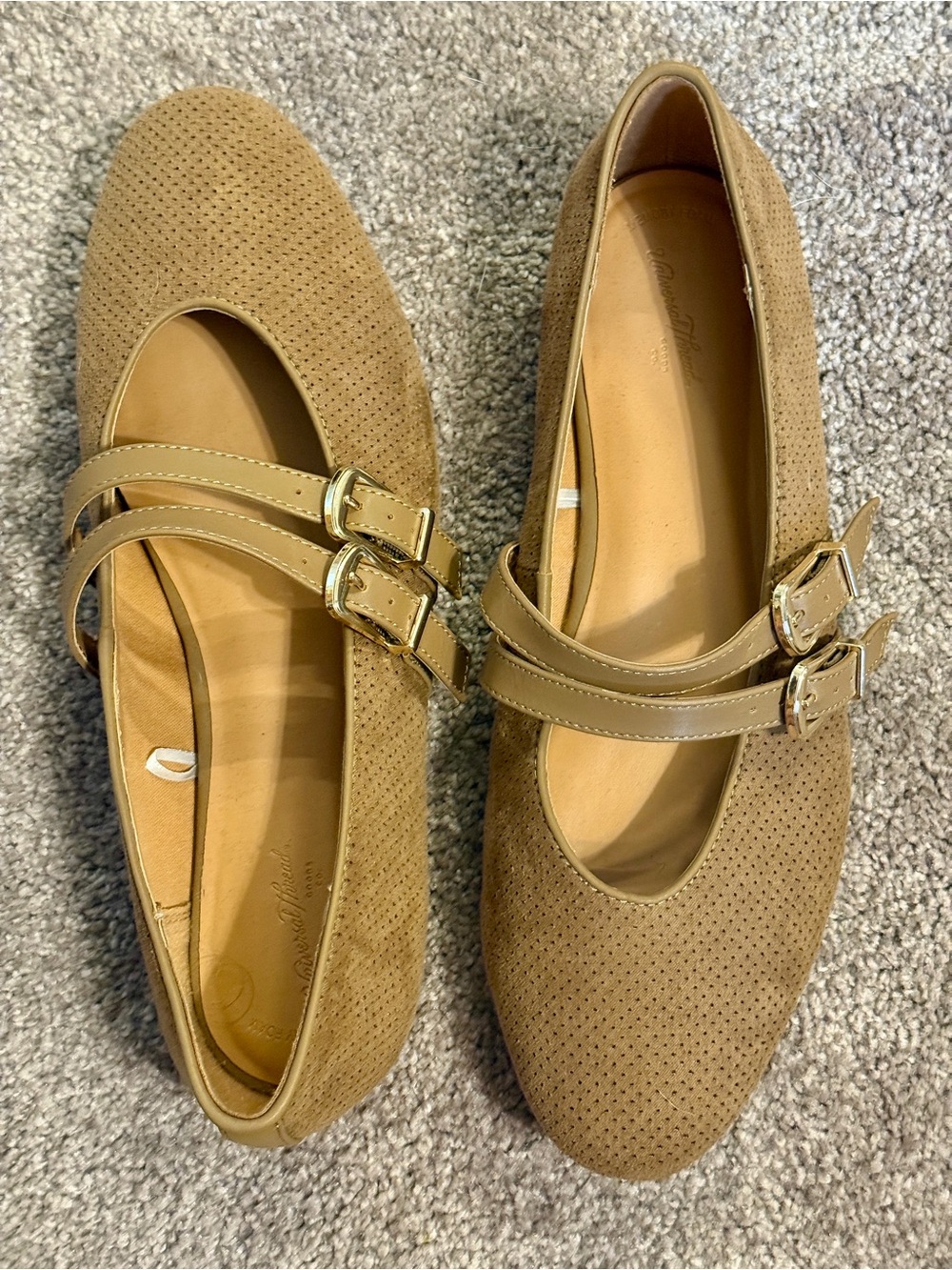 Tan Suede Mary Jane Flats with Double Buckle Straps